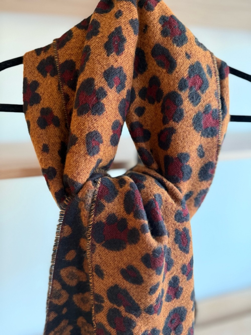 Zara Leopard Knit Scarf in Camel and Black with Burgundy Edge